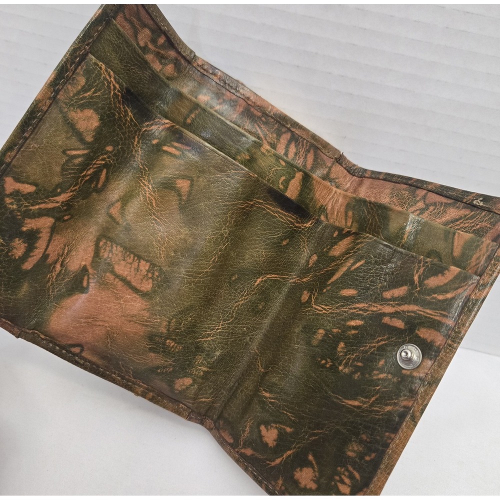 Vtg 70s Egyptian Camel Leather Trifold Wallet Purse Gold Embossed Pharaonic Art - Picture 8 of 13